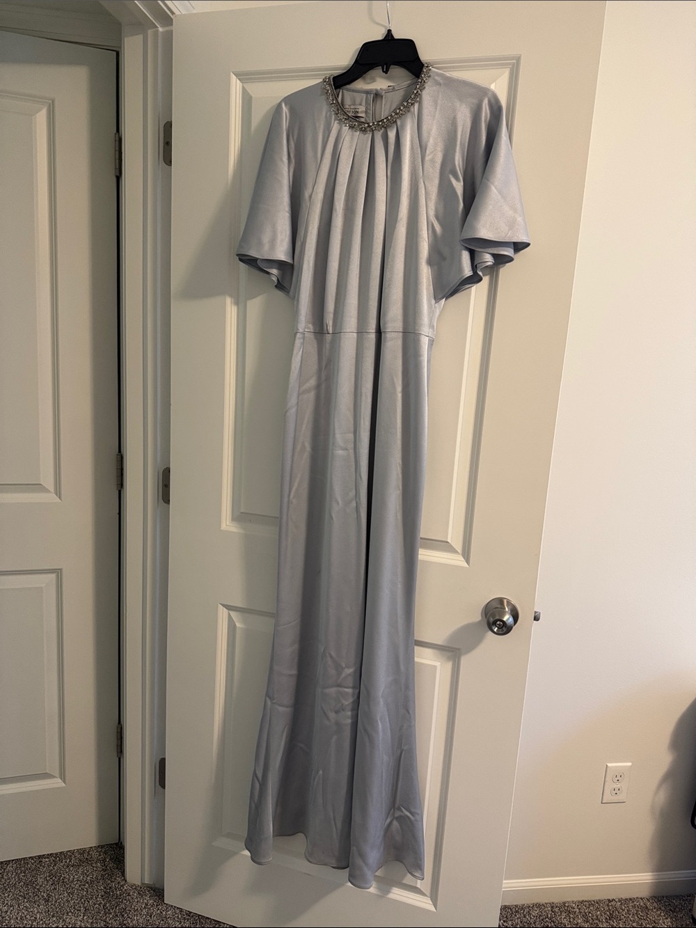 Silver Pleated Evening Dress with Chain Detail